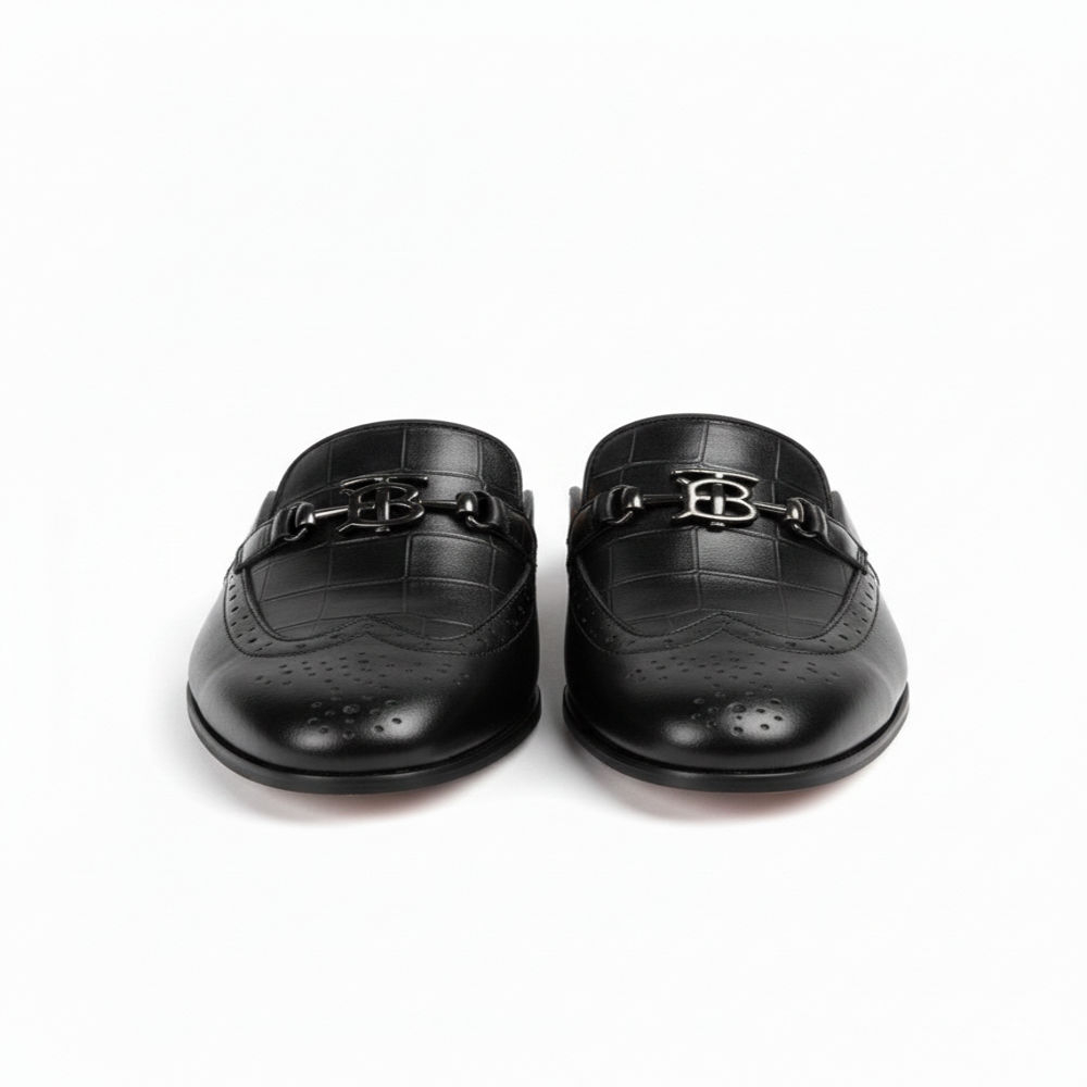 Black Leather Slip On Mule Shoe with Crocodile Pattern and Brogue Design